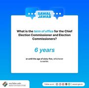 May be an image of text that says "SAWAL JAWAB អយ What is the term of office for the Chief Election Commissioner and Election Commissioners? 6 years or until the age of sixty-five, whichever is earlier. भारत निर्वाचन आयोग Election Commission ndia Follow .n: ww.eci.gov.in"